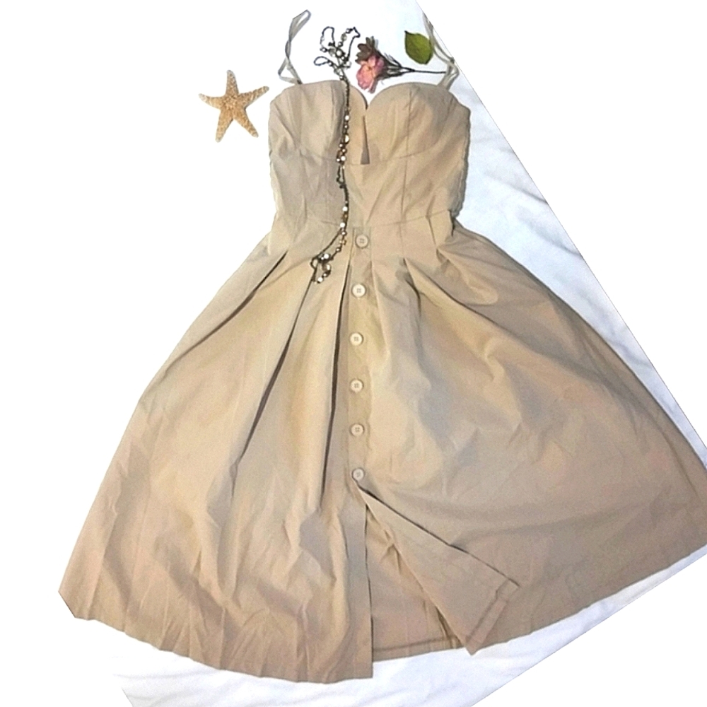 AEL Tan Sweatheart Fit & Flare Sun Dress, Shirring, Pockets, Button-Down